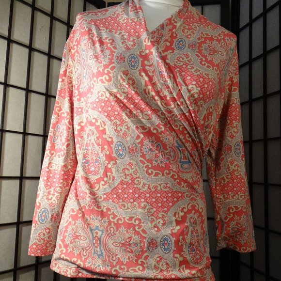 J Mclaughlin Tops J Mclaughlin Coral Faux Wrap Blouse M Nylon Poshmark
